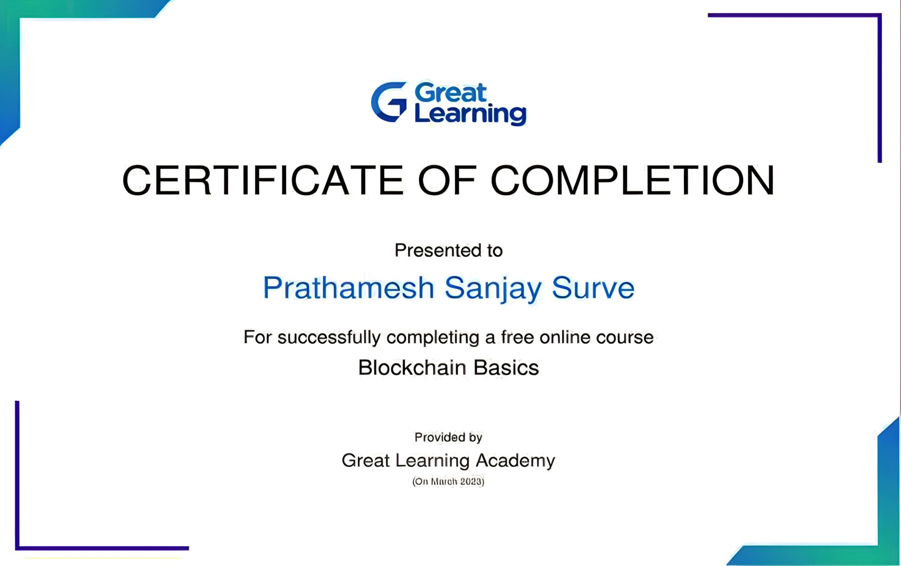 Blockchain Basics Certificate by Great Learning Academy